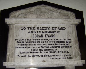 A plaque to Evans at Rhossilli church, Gower.