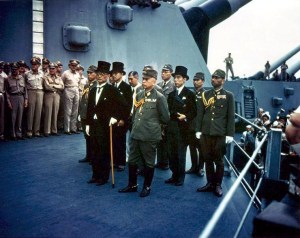 The Japanese delegation arrives to sign the surrender on board the USS Missouri